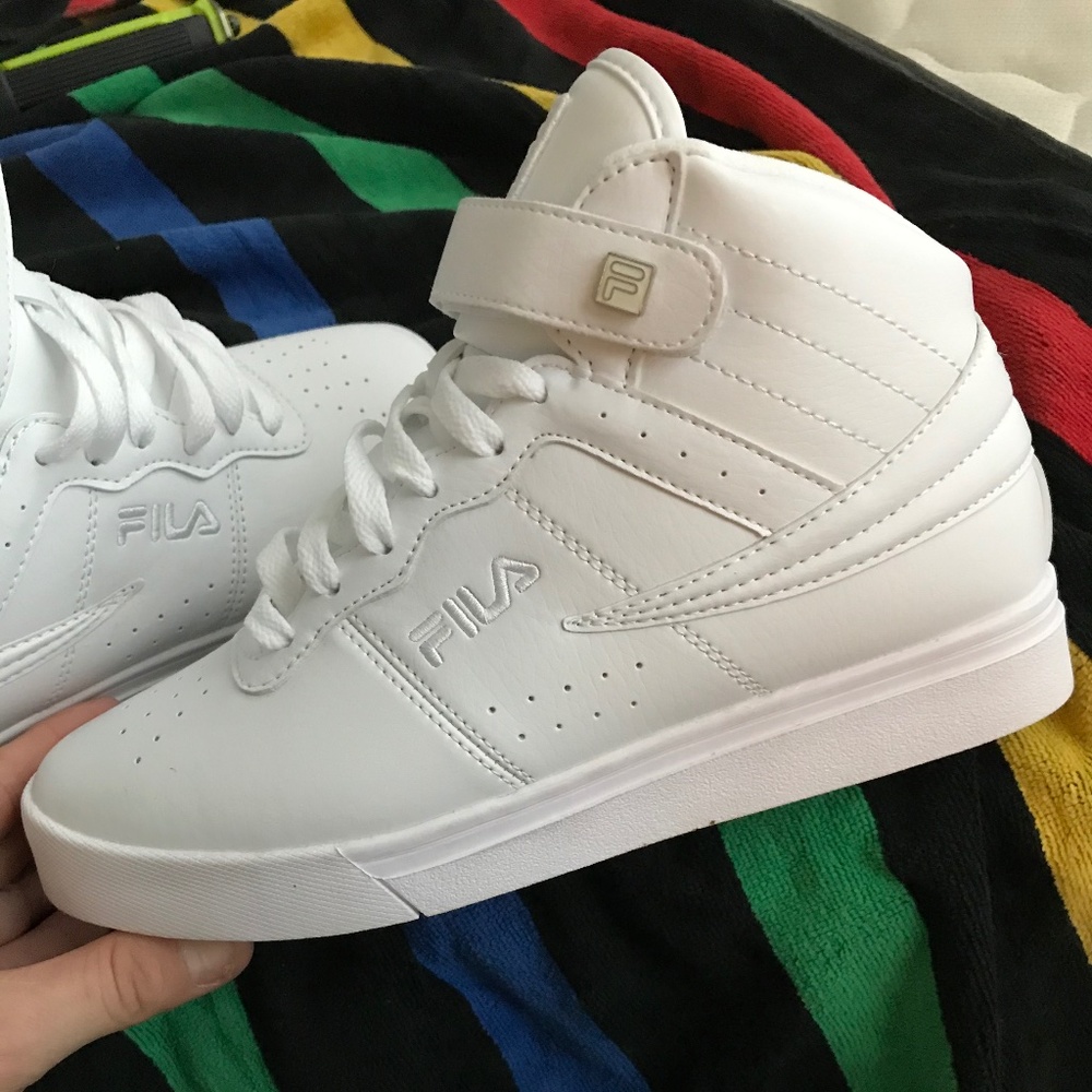 Fila all white Vulc High Tops with strap